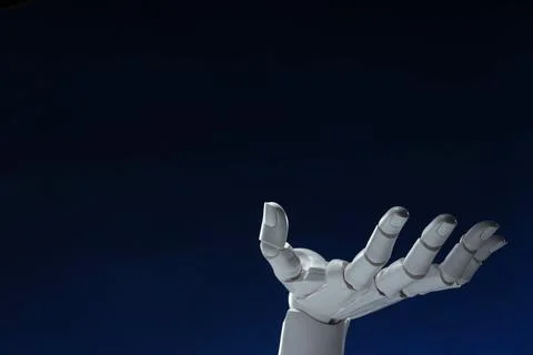 Artificial intelligence. Robot hand gesturing on dark blue background, spac.. Stock Photos