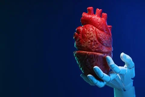 Artificial intelligence. Robot hand holding model of human heart on blue ba.. Stock Photos