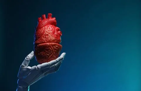 Artificial intelligence. Robot hand holding model of human heart on blue ba.. Stock Photos