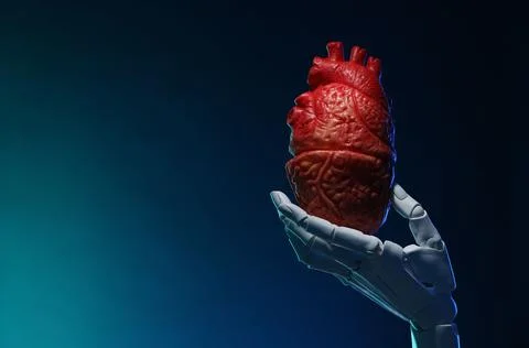 Artificial intelligence. Robot hand holding model of human heart on blue ba.. Stock Photos
