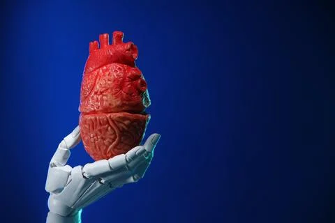 Artificial intelligence. Robot hand holding model of human heart on blue ba.. Stock Photos