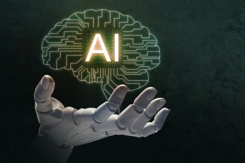 Artificial intelligence. Robot hand holding virtual brain with circuit boar.. Stock Photos