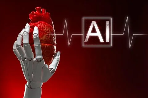 Artificial intelligence. Robot hand holding model of human heart on red gra.. Stock Photos