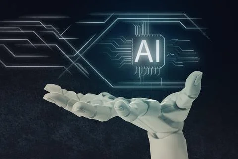 Artificial intelligence. Robot hand holding virtual chip with abbreviation .. Stockfoto's