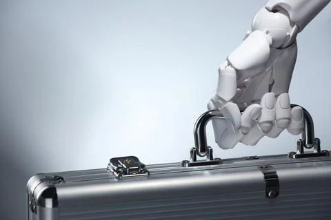 Artificial intelligence. Robot hand with metal case on grey background, close Stock Photos