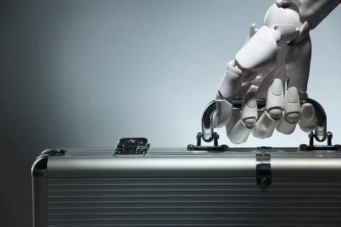 Artificial intelligence. Robot hand with metal case on grey background, close Stock Photos