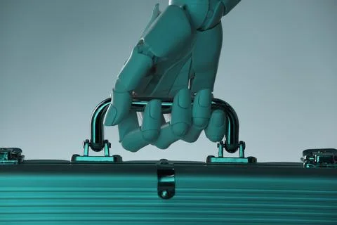 Artificial intelligence. Robot hand with metal case on grey background, close Stock Photos