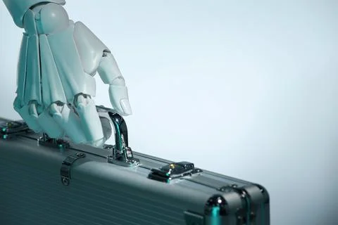 Artificial intelligence. Robot hand with metal case on light background, cl.. Stock Photos