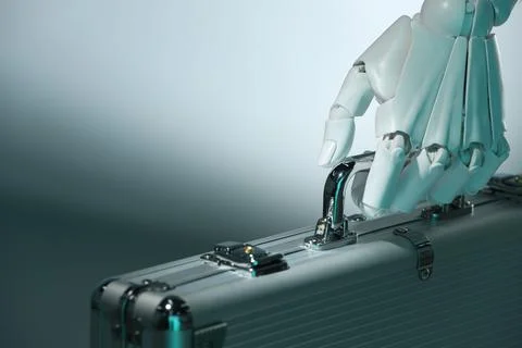 Artificial intelligence. Robot hand with metal case on grey background, close Stock Photos