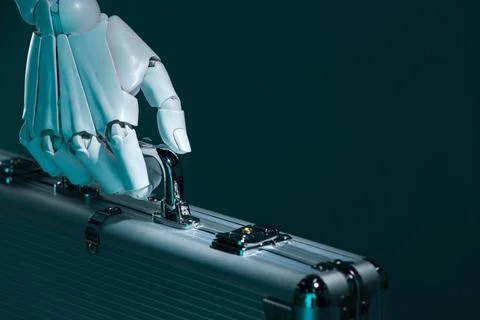 Artificial intelligence. Robot hand with metal case on grey background, close Stock Photos