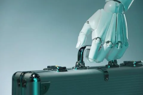 Artificial intelligence. Robot hand with metal case on grey background, close Stock Photos
