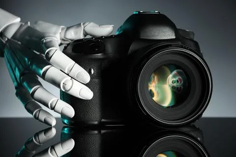 Artificial intelligence. Robot hand with photo camera against grey backgrou.. Stock Photos