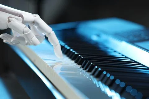 Artificial intelligence. Robot hand playing piano on dark background, closeup Stock Photos
