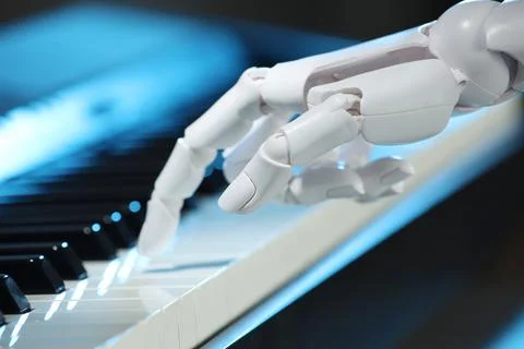 Artificial intelligence. Robot hand playing piano on dark background, closeup Stock Photos
