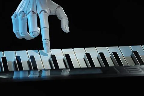 Artificial intelligence. Robot hand playing synthesizer on black background.. Stock Photos