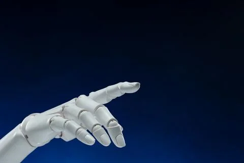 Artificial intelligence. Robot hand pointing at something on dark blue back.. Stock Illustration