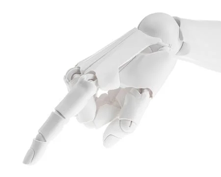 Artificial intelligence. Robot hand pointing at something on white background Stock Photos