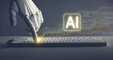 Artificial intelligence. Robot hand pressing button on computer keyboard. V.. Foto stock