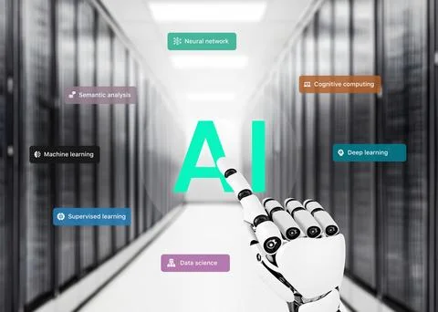 Artificial intelligence robot hand touch in computer, server room with AI ter Stock Photos
