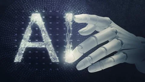 Artificial intelligence. Robot hand touching virtual abbreviation AI with c.. Stock Photos