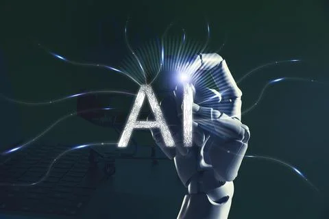 Artificial intelligence. Robot hand touching virtual abbreviation AI with c.. Stock Photos
