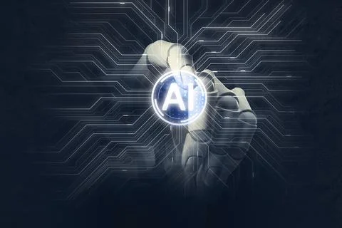 Artificial intelligence. Robot hand touching virtual screen with abbreviati.. Foto stock