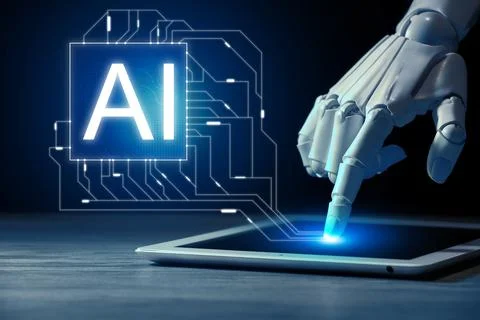 Artificial intelligence. Robot hand touching tablet on dark background. Vir.. Foto stock