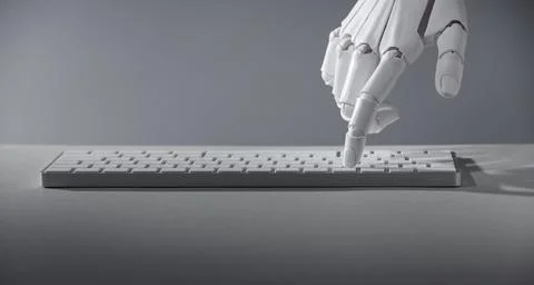 Artificial intelligence. Robot hand using keyboard on grey background closeup Stock Photos