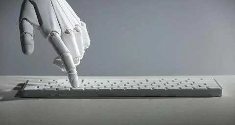 Artificial intelligence. Robot hand using keyboard at light table against g.. Stock Photos