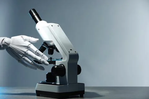 Artificial intelligence. Robot hand working with microscope at table agains.. Stock Photos