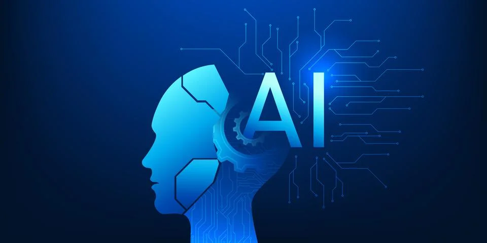 Artificial Intelligence Robot Head with Gear and Circuit Network, AI Automa.. Illustration