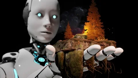Artificial intelligence robot hold peace of earth with nature in fire. Globa Stock Footage 262854534