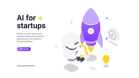 Artificial Intelligence Robot Holding Mini Rocket Engine Promoting Startup .. イラスト素材