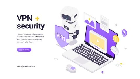 Artificial Intelligence Robot Holding VPN Shield With Laptop Security Icons.. Illustrazione stock