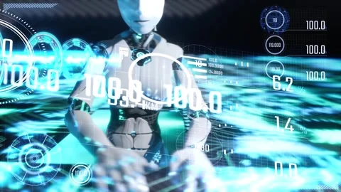 Artificial intelligence robot humanoid spinning with hud interface graphic t Stock Footage 246680302