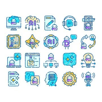 Artificial intelligence robot icons collection digital technology 库存插图