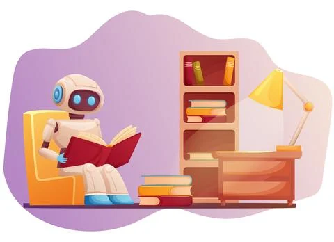 Artificial intelligence robot learns from books while sitting in the library Stock Illustration