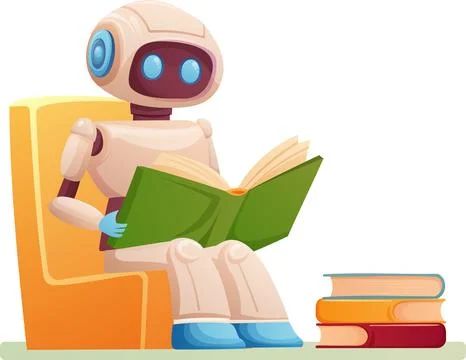 Artificial intelligence robot learns from books while sitting on a chair Stock Illustration