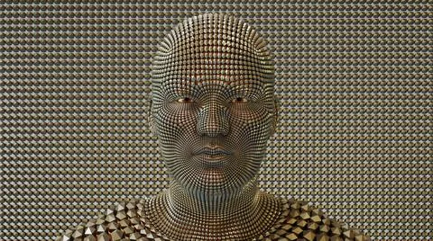 Artificial intelligence robot metal face diamond pattern human technology fut Stock Illustration