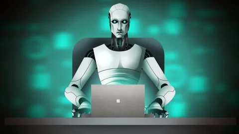 Artificial intelligence robot operating a computer Stock Footage 342367525