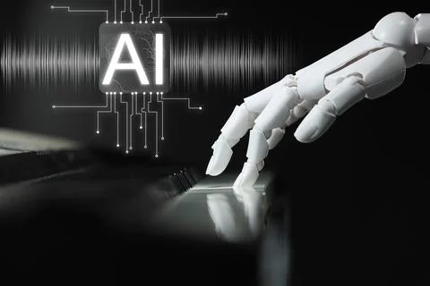 Artificial intelligence. Robot playing piano on black background. Virtual c.. 写真素材