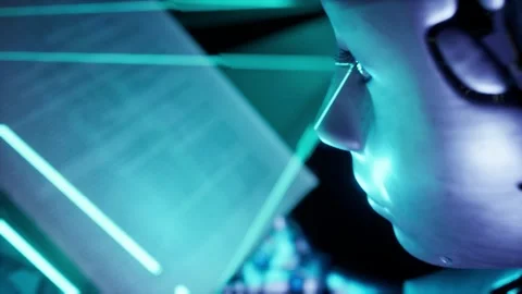 Artificial intelligence robot scanning book for machine learning Stock Footage 341035005