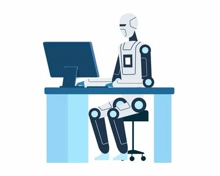 Artificial intelligence robot sitting on chairs and working on their laptops  Stock Illustration