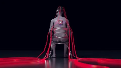 Artificial intelligence robot sitting with data cables connected. 3d animation Stock Footage 348572118