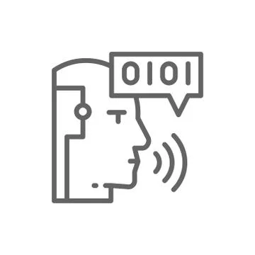 Artificial intelligence, robot with sound waves, chatbot line icon. 库存插图