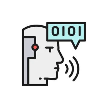 Artificial intelligence, robot with sound waves, chatbot flat color line icon. 库存插图