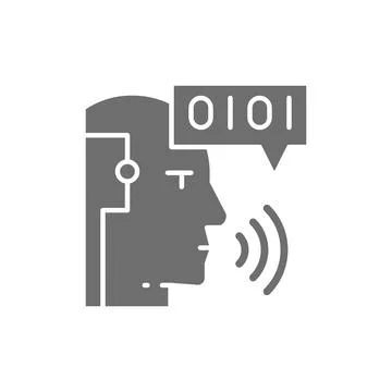 Artificial intelligence, robot with sound waves, chatbot grey icon. Stock Illustration