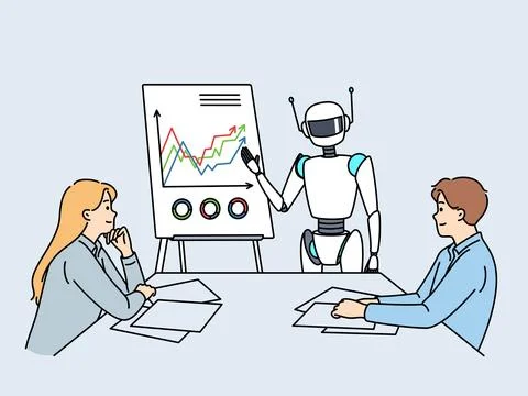 Artificial intelligence robot speaks to people in corporate boardroom to discuss Stock Illustration