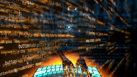 Artificial intelligence robot typing on holographic keyboard. High tech ai Video stock 295000087