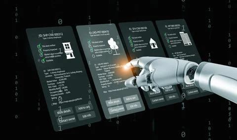 Artificial intelligence robot using futuristic digital interface to analyze.. Stock Photos